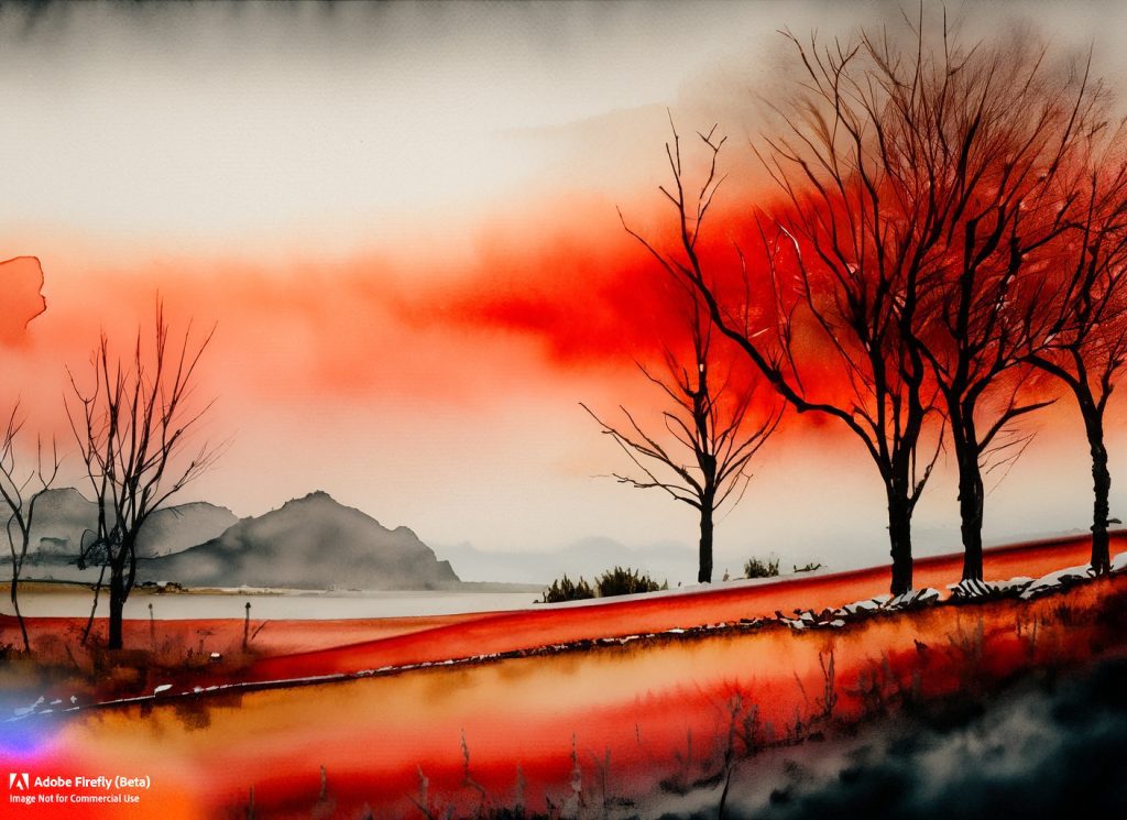 Firefly watercolor landscape created using monochromatic color palette red orange 22317