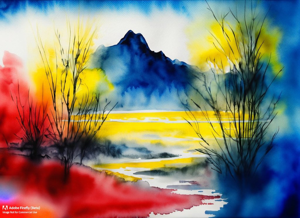 Firefly watercolor landscape created using triadic color palette using red yellow and blue 22317