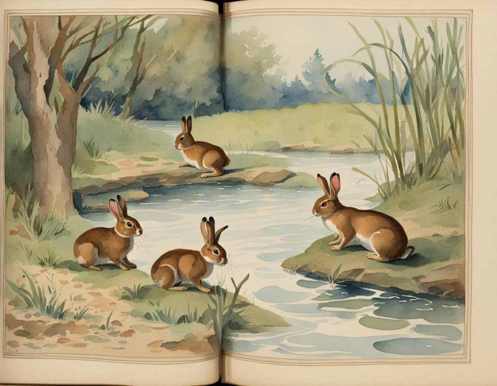 Captivating World of Watercolor Illustrators - rabbits playing on water bank