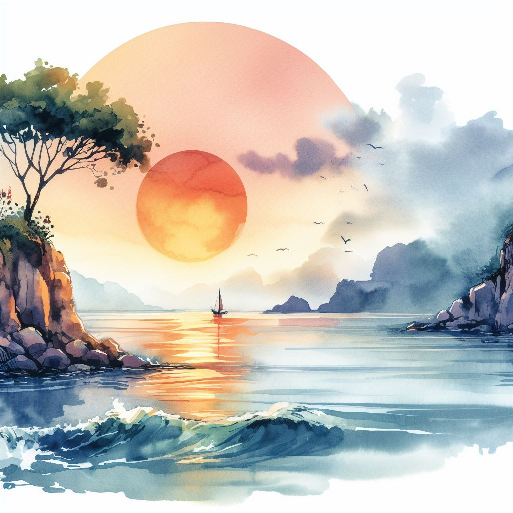 watercolor illustrate symbolism using a seascape to offer tranquility