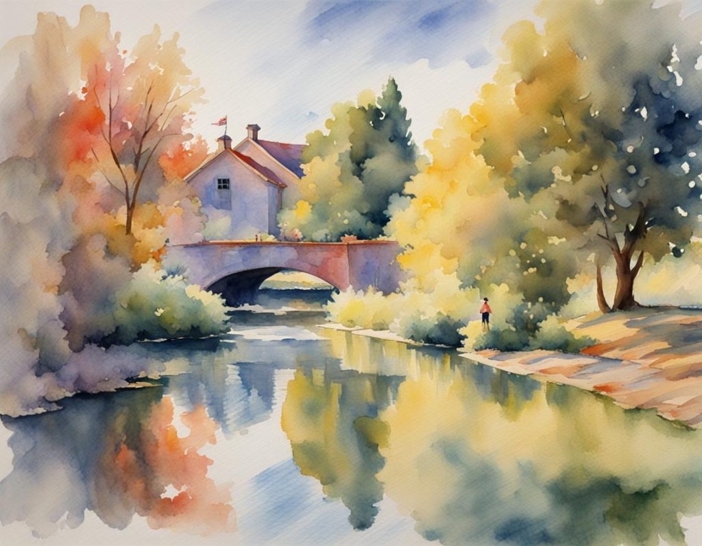 Impressionist Watercolor Paintings = bridge over river; 