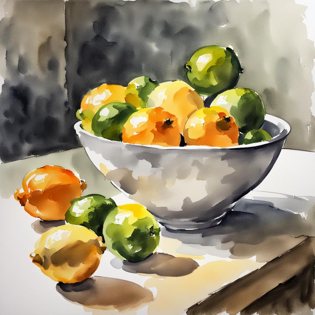 Beautiful Watercolor Still Life Paintings - citrus fruits in a bowl