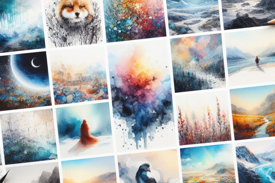 A collage of small images showcasing vastly different watercolor works abstract landscapes