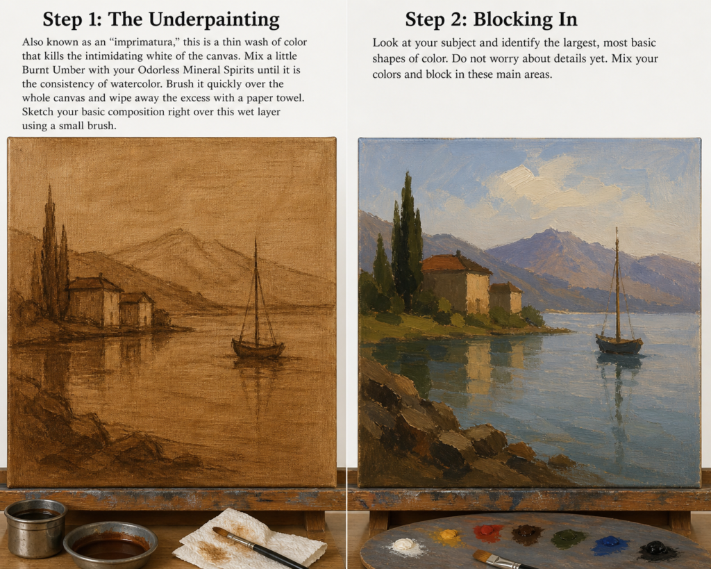 Oil painting tutorial underpainting to blocking in