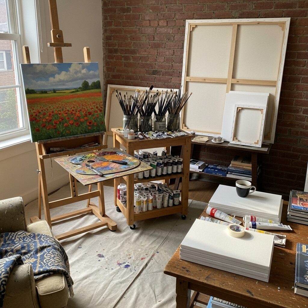 The Best Canvas for Artists: Your Ultimate Guide to Perfect Surfaces 7 An artist's studio with stretched canvases on an easel and leaning against a wall, along with painting supplies, showcasing various canvas sizes and types.