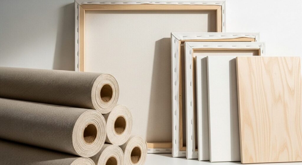 The Best Canvas for Artists: Your Ultimate Guide to Perfect Surfaces 3 Best Canvas for Artists: A collection of different canvas types for artists, including cotton rolls, stretched linen, gessoed canvas boards, and a smooth wood panel.