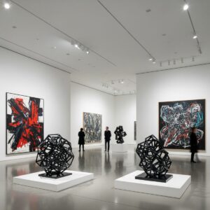 Contemporary art galleries showcase modern artworks in minimalist white exhibition spaces