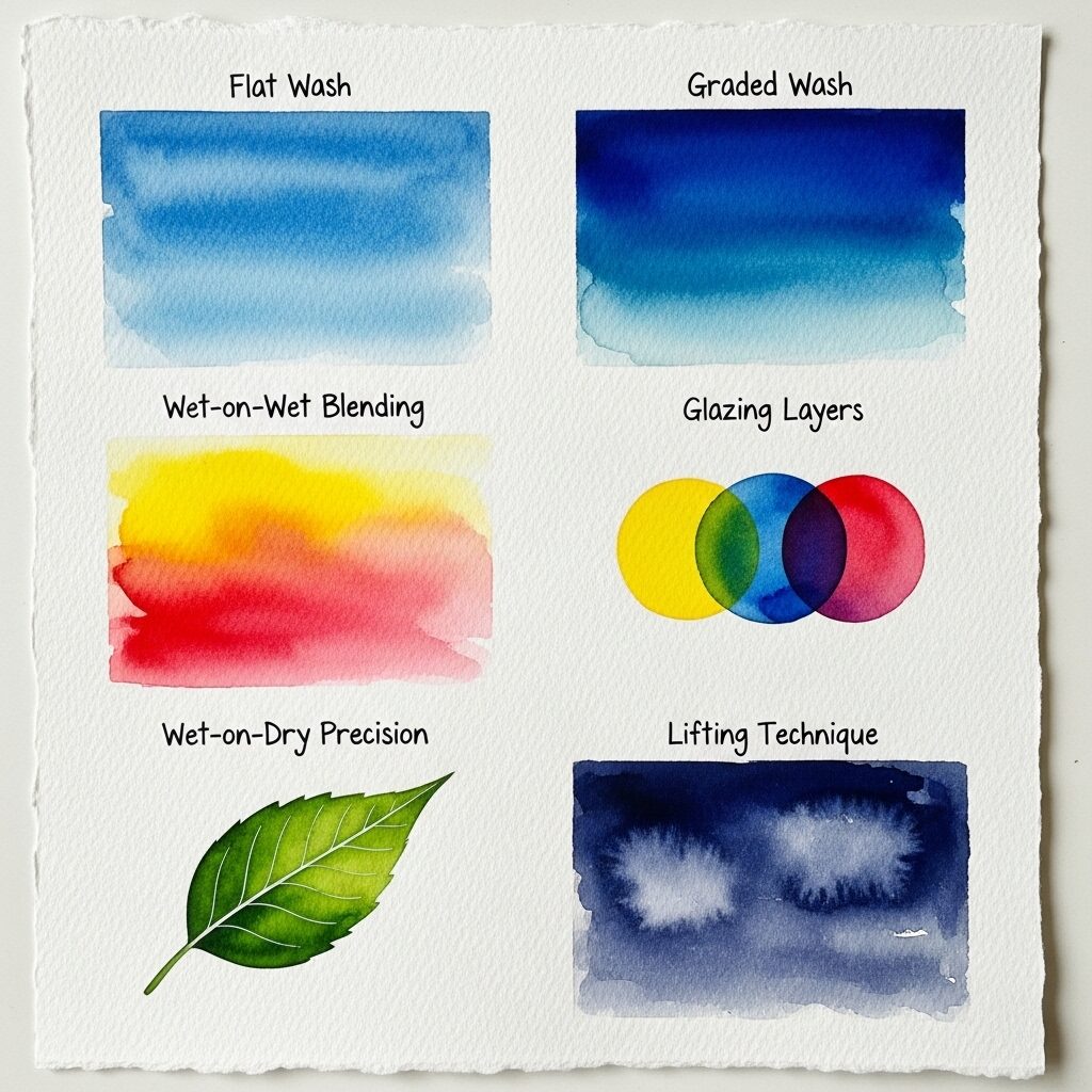 A Beginner's Guide to Watercolors: Unlocking the Secrets of this Versatile Medium 5 Six fundamental watercolor techniques demonstrated: washes, wet-on-wet, wet-on-dry, glazing, and lifting methods