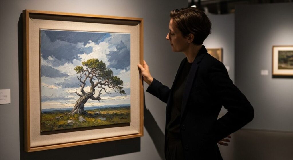 The Best Canvas for Artists: Your Ultimate Guide to Perfect Surfaces 8 A person viewing a finished oil painting on a framed linen canvas, highlighting the durable and professional quality of the art surface