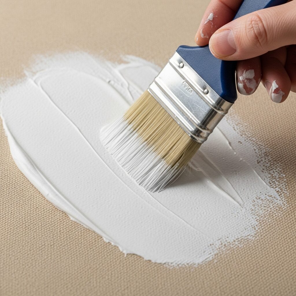 The Best Canvas for Artists: Your Ultimate Guide to Perfect Surfaces 4 A close-up of a hand brushing white gesso onto an unprimed cotton canvas, showing the process of preparing the surface for painting