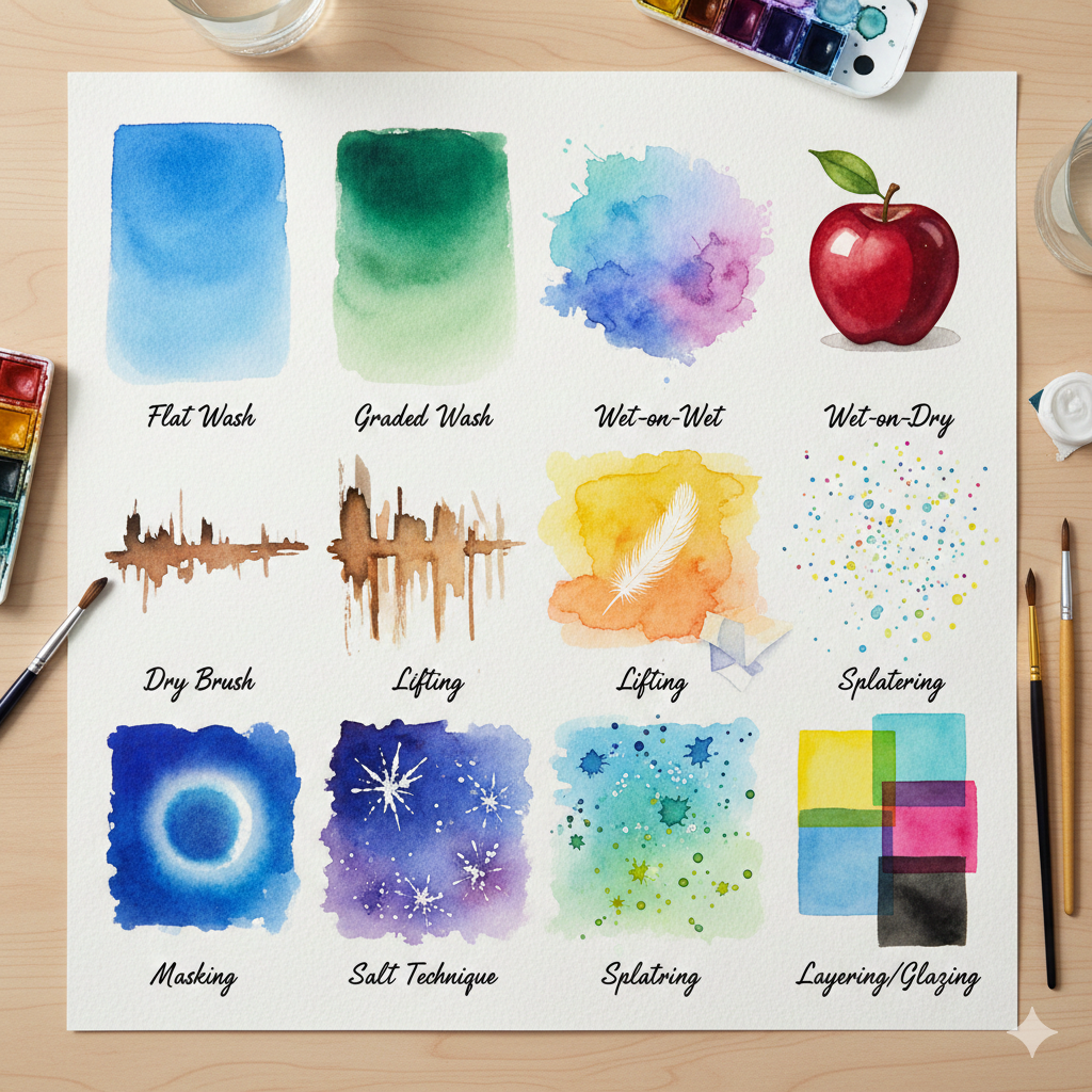 Unleash Your Inner Color Alchemist: Mastering Watercolor Color Mixing for Breathtaking Paintings 3 Watercolor color mixing techniques chart: flat, graded, wet-on-wet, wet-on-dry, dry brush, lifting, masking, salt, splattering, layering demonstrated on paper.