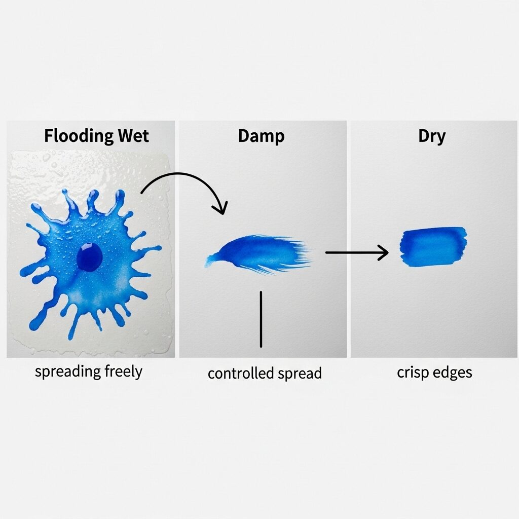 A Beginner's Guide to Watercolors: Unlocking the Secrets of this Versatile Medium 6 Three stages of watercolor paper moisture showing flooding, damp, and dry conditions with paint behavior examples