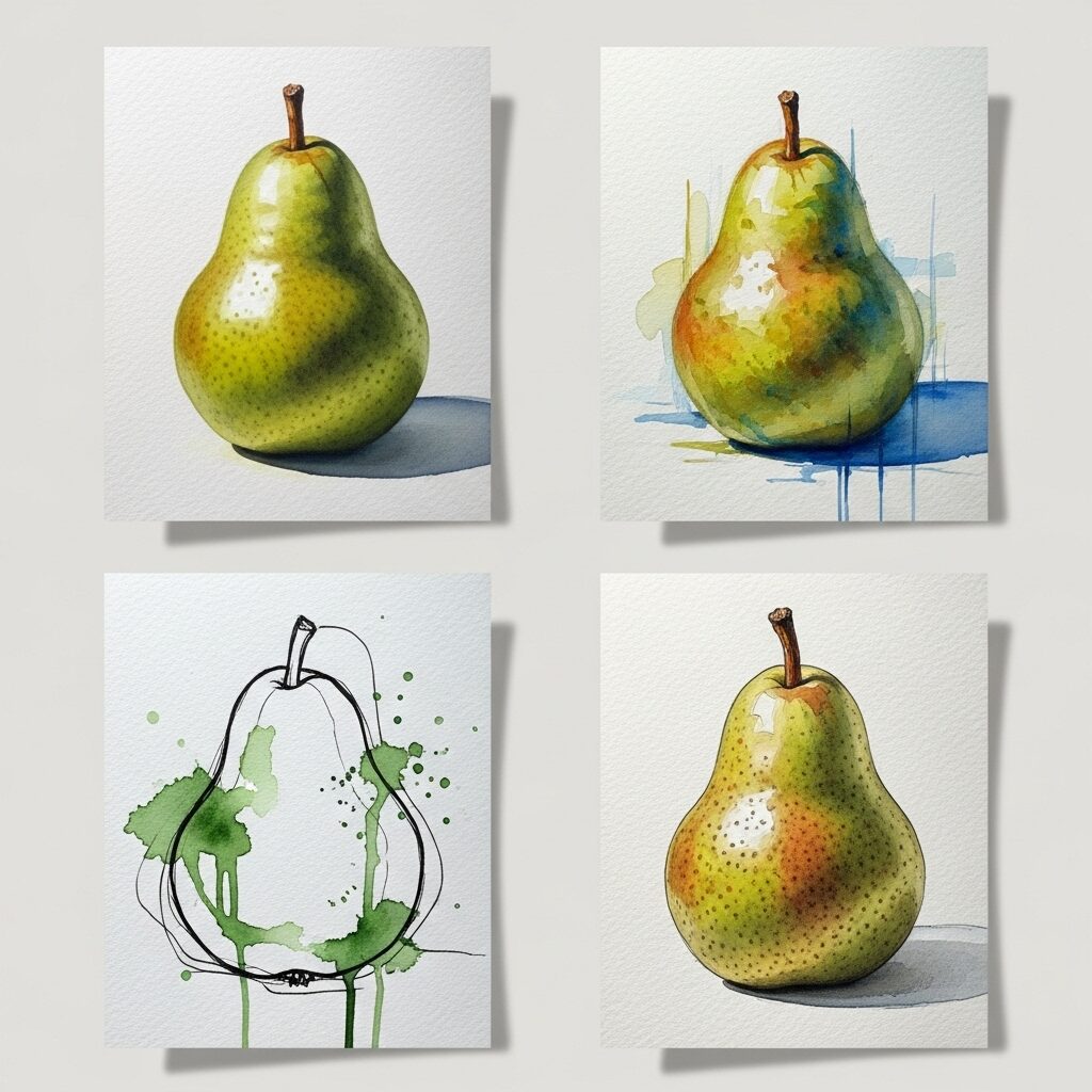 A Beginner's Guide to Watercolors: Unlocking the Secrets of this Versatile Medium 7 Four different watercolor painting styles applied to the same subject showing realistic, impressionistic, loose, and detailed approaches