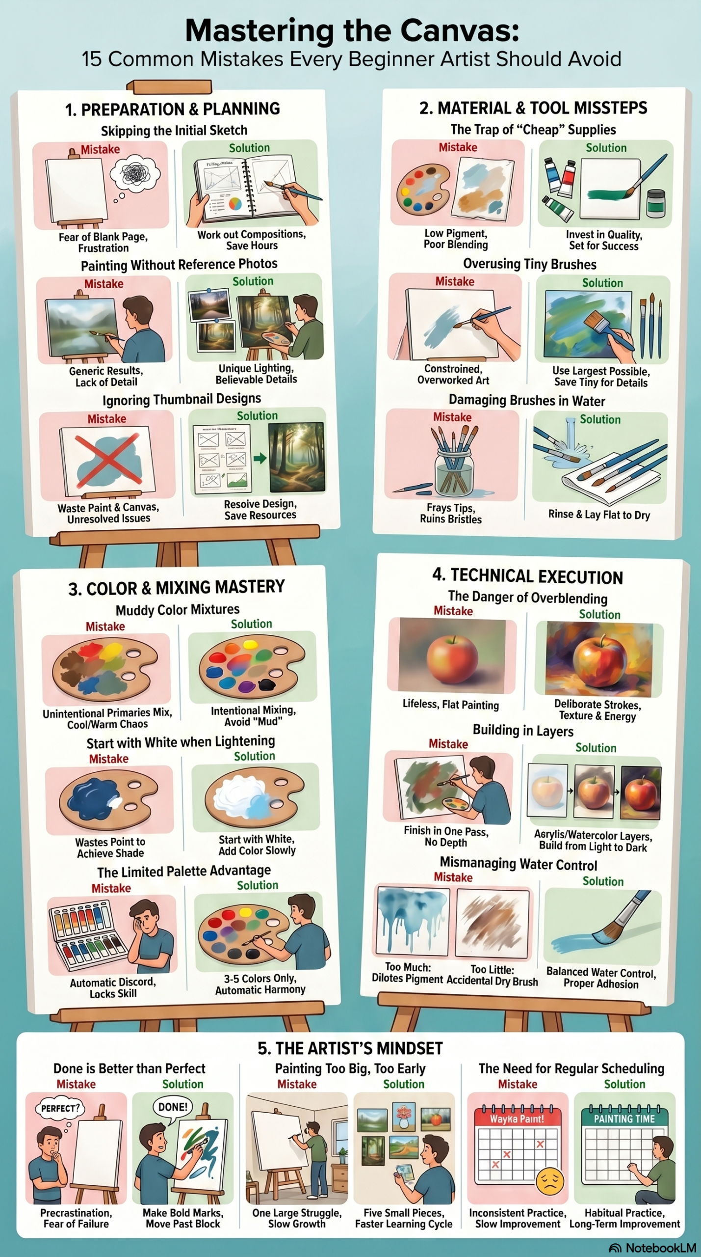 This ultimate artist infographic breaks down 15 major missteps across preparation, tools, color mixing, technical execution, and mindset. Learn exactly how to fix muddy colors, bad water control, overblending, and the fear of the blank page.