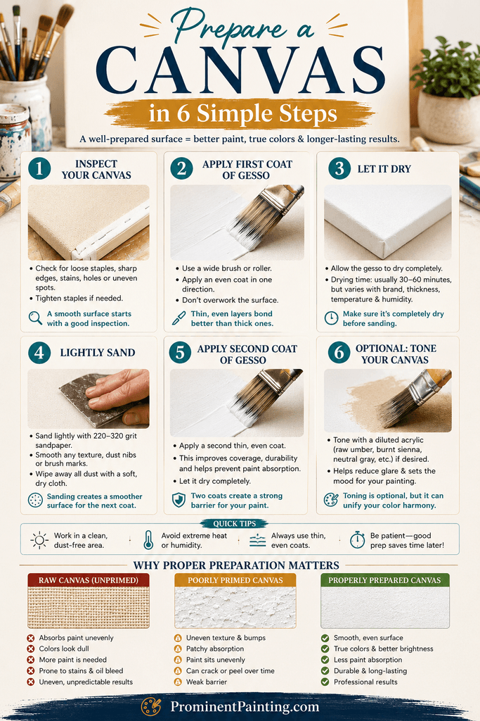 Best Practices for Canvas Preparation: Maximize Your Art's Potential 4 Vertical infographic titled โPrepare a Canvas in 6 Simple Stepsโ showing how to inspect a canvas, apply the first coat of gesso, allow it to dry, lightly sand the dried surface, apply a second gesso coat and optionally tone the canvas. It also compares raw, poorly primed and properly prepared canvas surfaces.