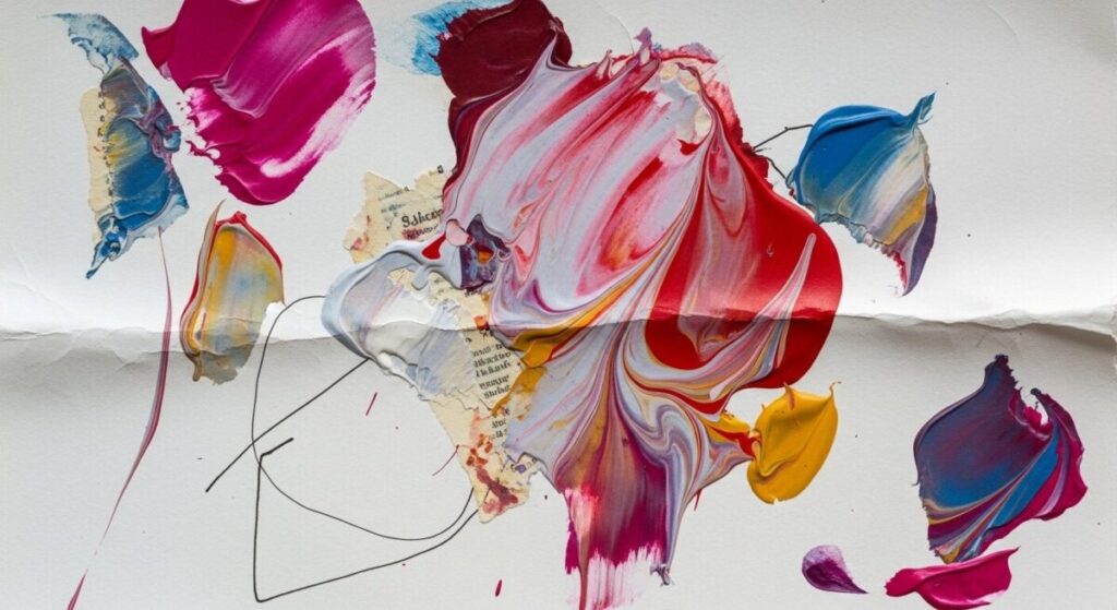 An artistic composition featuring a vibrant acrylic painting on a sturdy sheet of heavyweight paper