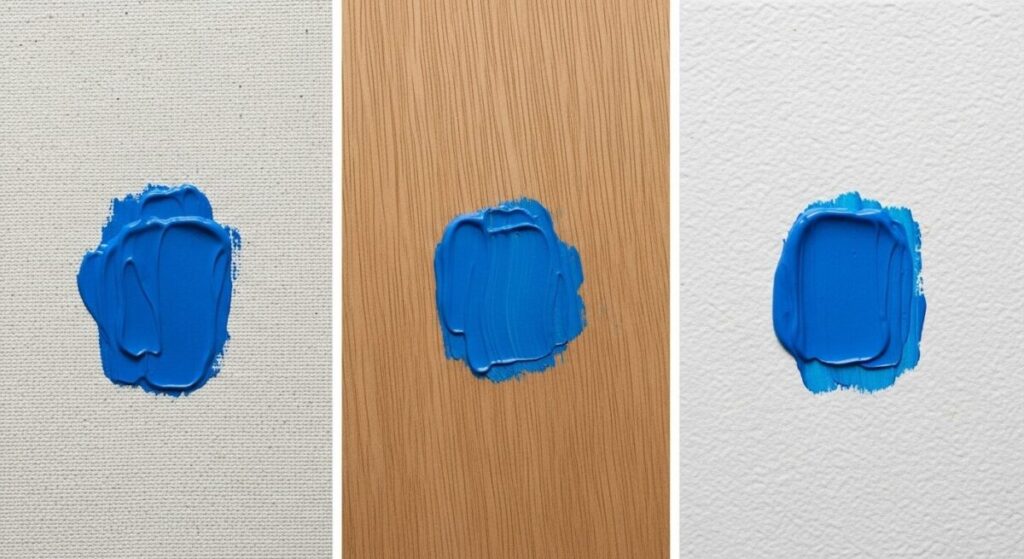 Best Surfaces for Acrylic Painting: A side-by-side comparison of three distinct painting surfaces for acrylics: a stretched canvas with visible weave, a smooth wooden panel, and a thick, textured sheet of acrylic paper.