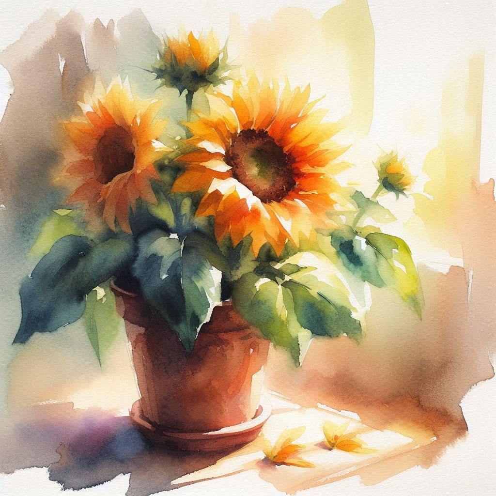 loose watercolor image of flower in a pot