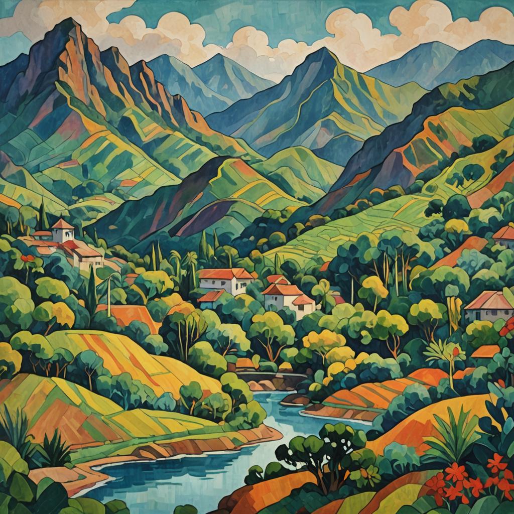 mountain view in style of paul gaugin