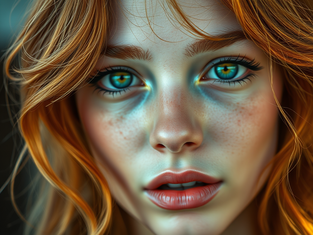 close up portrait of a young woman with wavy copper red hair