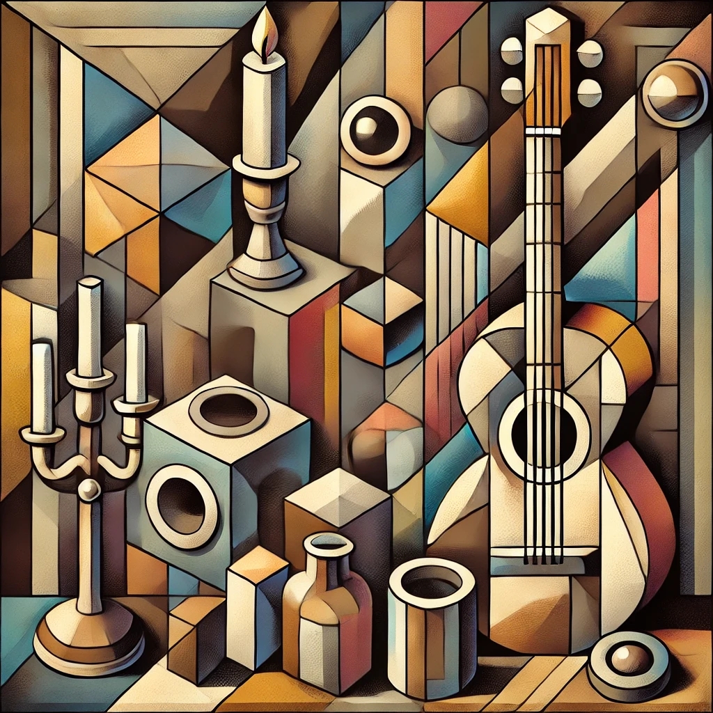 dallc2b7e 2024 12 26 09.45.44 an abstract illustration representing cubist art. the image features geometric shapes such as cubes triangles and cylinders in a fractured style sh