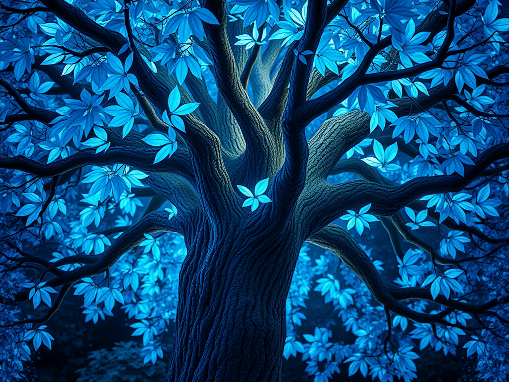 design a magical tree with glowing blue leaves