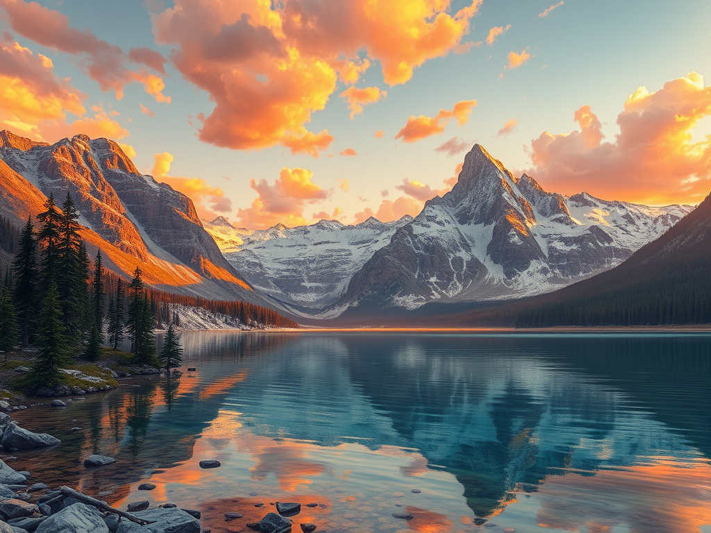 peaceful mountain lake at golden hour tall snow capped peaks reflecting