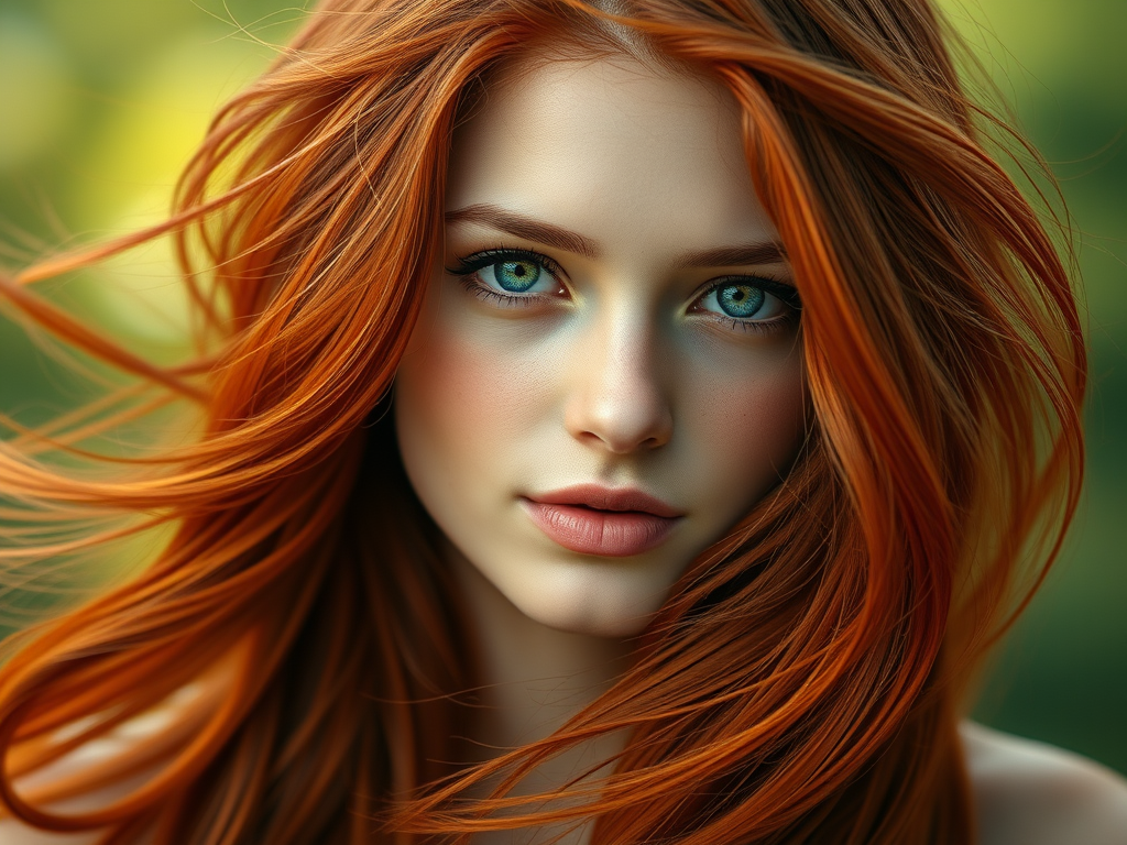 young woman with flowing red hair and green eyes