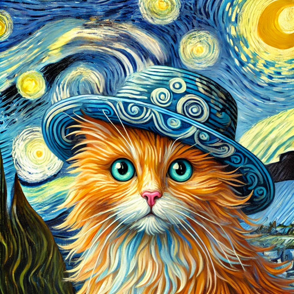 cat wearing hat van gogh