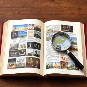 An open art book with pages filled with diverse images of art