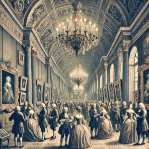 Unveiling the Magic of Art Exhibitions: 20 Facts That’ll Spark Your Curiosity 3 17th-century Paris Salon art exhibition with visitors in period attire viewing paintings in an ornate gallery.