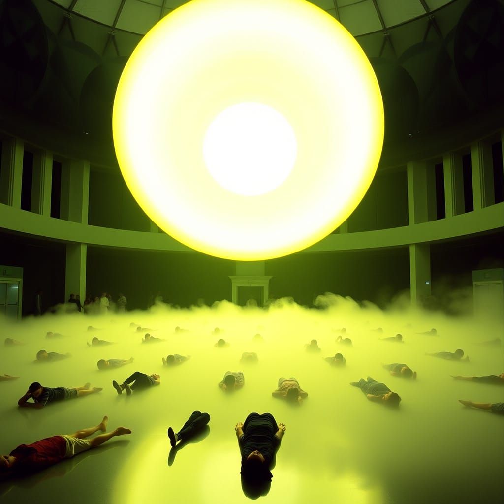 Unveiling the Magic of Art Exhibitions: 20 Facts That’ll Spark Your Curiosity 7 Olafur Eliasson’s Weather Project at Tate Modern art exhibition, with a glowing sun and mist in the Turbine Hall.