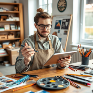 an artist looking inspired while Browse stock photos on a tablet, surrounded by art supplies.