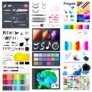 a collage showing brushes, templates, and color palettes for digital art