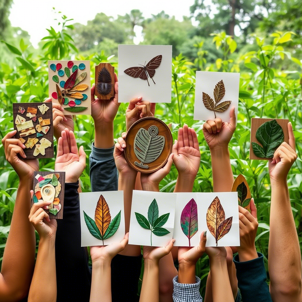 The Amazing World of Sustainable Art: Making Cool Art and Helping Our Planet! 11 diverse hands holding up sustainable artworks together against a backdrop of a healthy, green planet