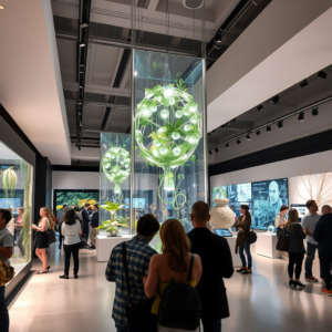 The Amazing World of Sustainable Art: Making Cool Art and Helping Our Planet! 10 a futuristic sustainable art exhibition, with innovative and high-tech sustainable artworks on display in a modern gallery setting.