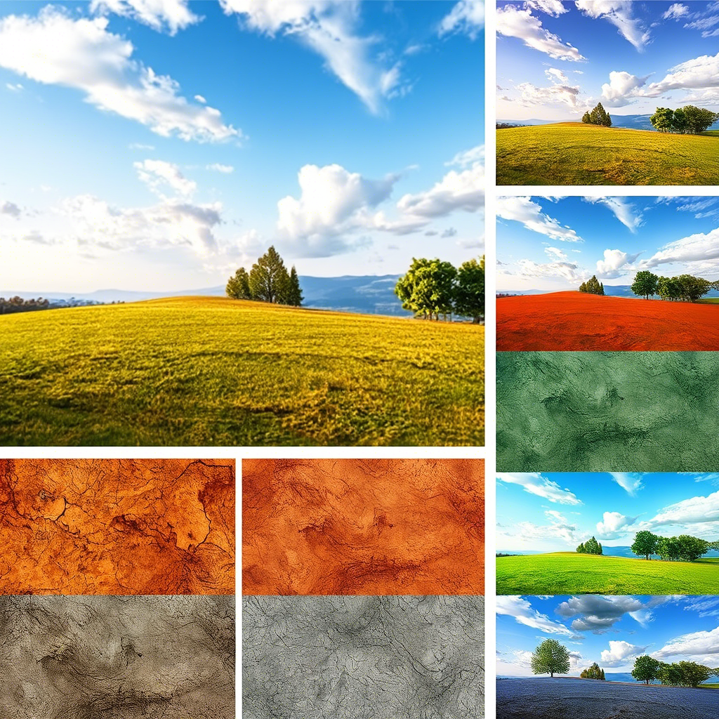 showcasing examples of digital art using various texture packs, like a landscape with different textures for ground, sky, and trees.