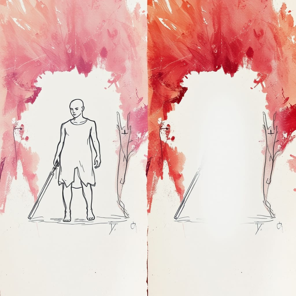 Split-screen image showing before and after the removal of masking fluid in a negative painting, with the subject revealed as white negative space.