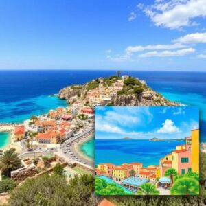 sunny Mediterranean coast with bright blue sea and sky