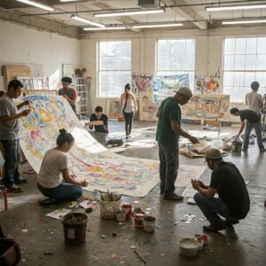 The Lonely Artist Myth: Truth Behind Creative Isolation 4 Diverse group of artists collaborating in bright workshop space