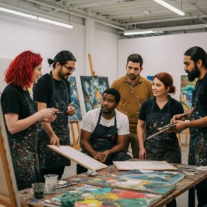 Painters in community setting sharing strategies for creative blocks