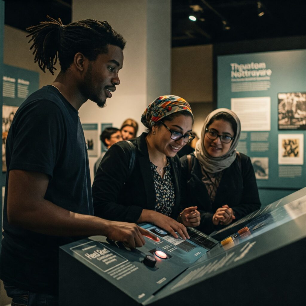 The Diversity of Art Museums: Who's Visiting and Why 5 Diverse group of museum visitors engaging with interactive exhibit