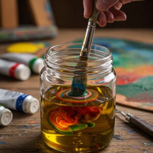 How to Clean Oil Paint Brushes Naturally: Eco-Friendly Methods for Artists 4 Cleaning oil paint brushes with vegetable oil in a glass jar