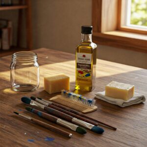 How to Clean Oil Paint Brushes Naturally: Eco-Friendly Methods for Artists 3 How to Clean Oil Paint Brushes Naturally: Natural oil paint brush cleaning supplies including vegetable oil, soap, and brushes: Natural oil paint brush cleaning supplies including vegetable oil, soap, and brushes