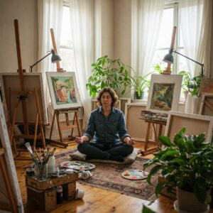 How to Overcome Creative Blocks for Painters: Painter practicing mindfulness in studio to overcome creative block