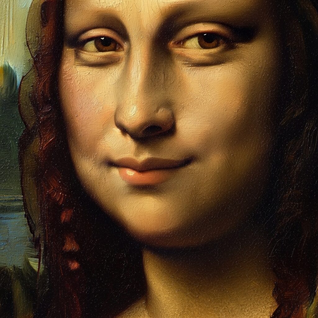 The enigmatic smile of the Mona Lisa by Leonardo da Vinci, a masterpiece of the sfumato painting technique.
