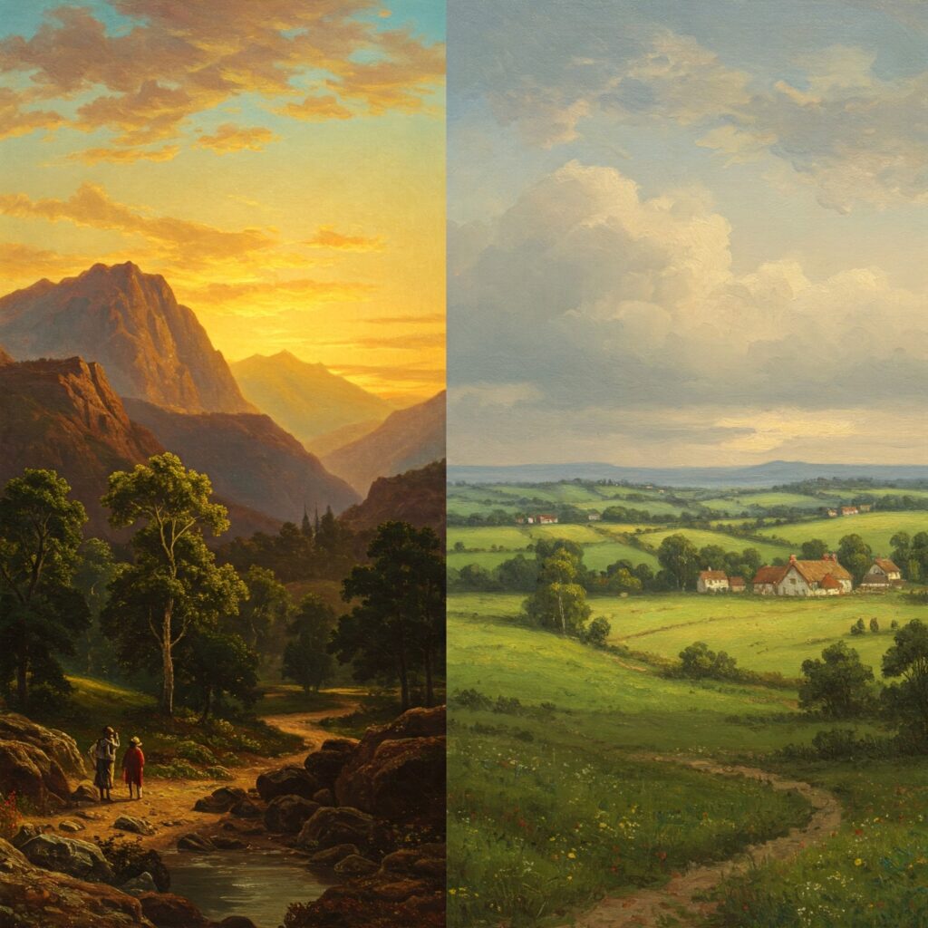 US versus UK Artists: A Colorful Journey Across the Atlantic 3 US versus UK artists: landscape painting traditions showing Hudson River School and British Romanticism