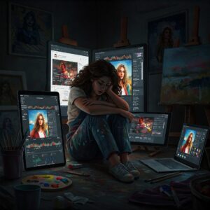 The Digital Brushstroke: How Social Media Influence on Painters is Reshaping the Art World 6 Painter looking stressed, surrounded by screens showing social media feeds, 'like' counts, and algorithm graphs, depicting the negative effects of social media pressure on painters.