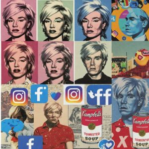 Andy Warhol’s Style: The Art of Fame, Repetition, and the Everyday 7 Digital collage blending Andy Warhol’s Pop Art imagery with modern social media icons, showing his influence on today’s culture.