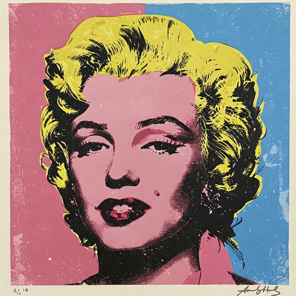 Andy Warhol’s Style: The Art of Fame, Repetition, and the Everyday 5 Brightly colored Andy Warhol silkscreen portrait of Marilyn Monroe, highlighting Pop Art portraiture and vivid colors.